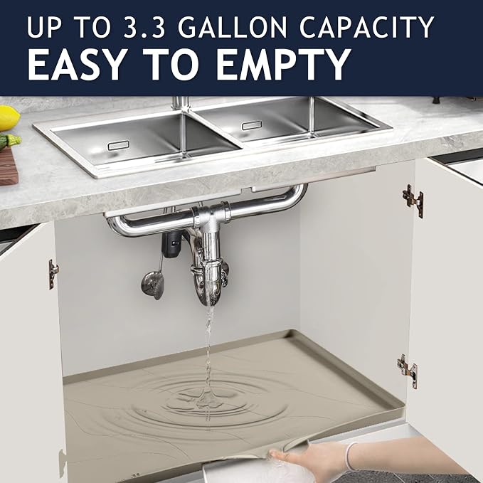 Heavy Duty Silicone Under Sink Mat for Kitchen&Bathroom 22" x 19", Waterproof Under Sink Rubber Mat Drip Tray, Raised Edge Under Sink Liner,Prevent Drips, Leaks, Spills,Brown