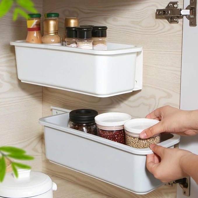 Wall-mounted Pull-out Storage Organizer Bin, Gray Adhesive Kitchen Cabinet Holder, No-drill Bathroom Makeup Rack for Home Storage and Tissue Box