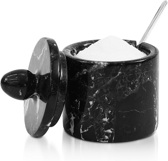 Marble Salt Cellar with Lid – Black 4 Inch Table Salt Container, Salt Jar, Salt Dish, Salt Holder, Spice Jar, Sugar Bowl, Seasoning Container, Salt Dispenser for Kitchen Countertop
