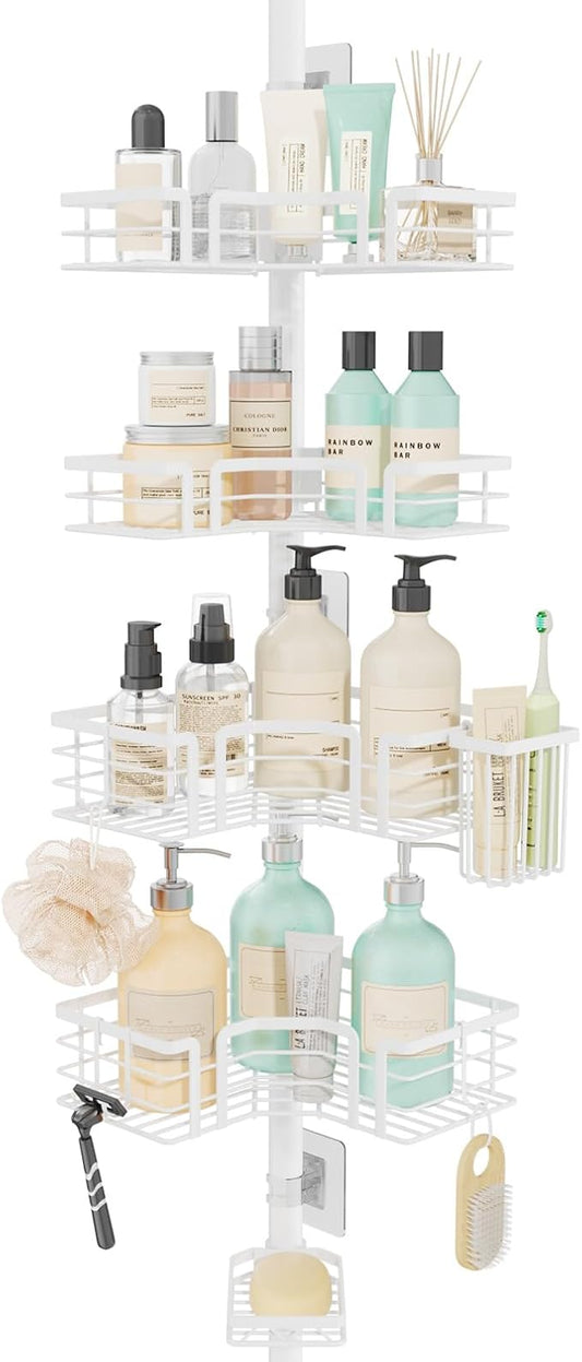 SWTYMIKI Shower Caddy Tension Pole - 4-Tier Corner Shower Organizer Tension Rod with Soap Holder, Toothbrush Holder & 4 Hooks, Adjustable Stainless Steel Bathroom Organizer 27.6 to 108.3 inch, White