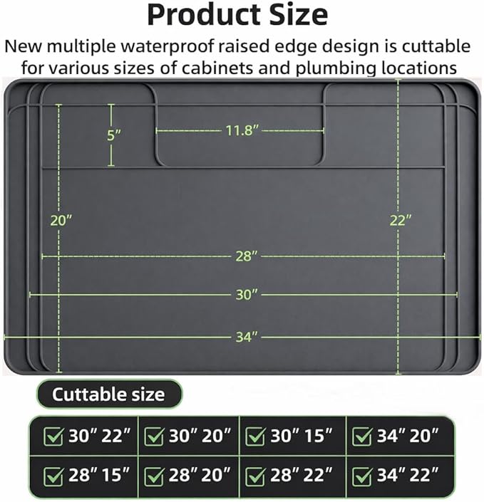 Under Sink Mat for Kitchen Waterproof, 34x22 Inches with Smaller Cut - Flexible Silicone Under Sink Liner, Kitchen Bathroom Cabinet Organizer for Drips Leaks (Grey, 34" L x 22" or Smaller)