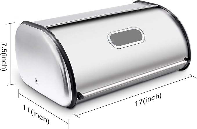 Stainless Steel Bread Box for Kitchen Countertop, Extra Thick Sturdy Bread Storage Container Large Bread Keeper Roll Up Style， Capacity Bread Keeper, 17 x 11 x 7.5 Inches