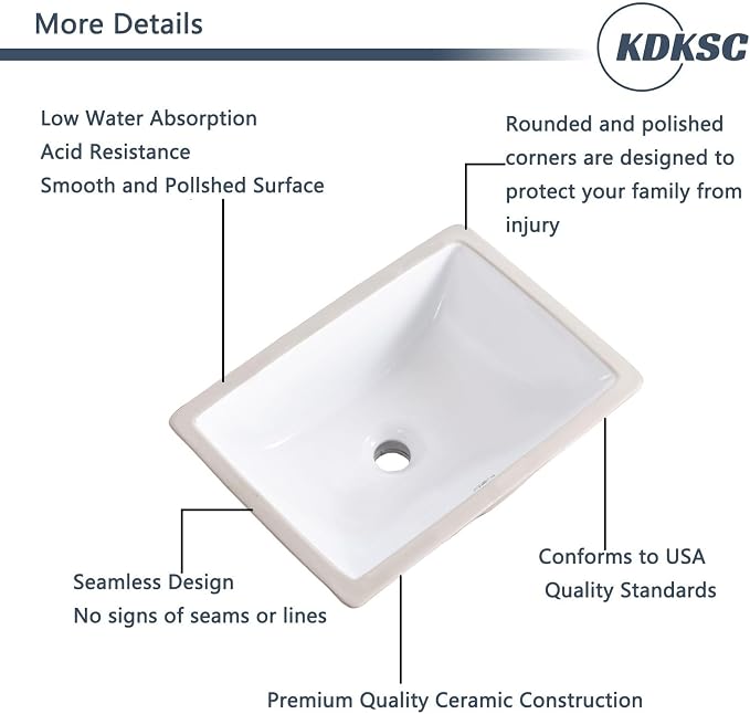 18 Inch Undermount Bathroom Sink White Ceramic Rectangular Under Counter Bathroom Sink for Cabinet Porcelain Vanity Sinks,Overflow Type (18.3"x13.0")