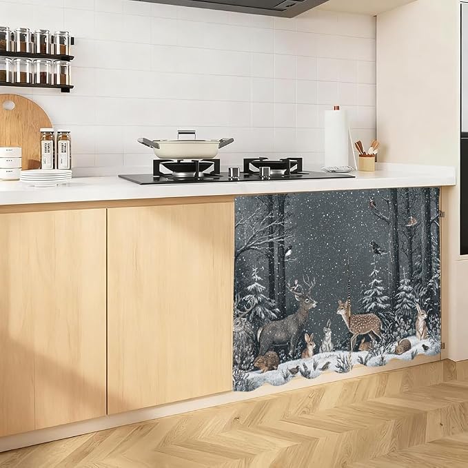 Self Adhesive Forest Animals & Deer Cabinet Curtain for Mother's Day, 39x28 Inch Dark Woodland Under Sink Skirt No Drill, Spring Cleaning Kitchen Decor, Hook and Loop Laundry Valance