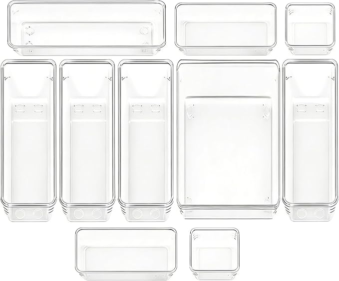 Clear Acrylic Drawer Organizer Trays, 5 Size Junk Box Organization Small Storage Container Bin for Desk Makeup Bathroom Vanity Kitchen Tool Make Up Workspace Home Dorm Apartment Office Room Nightstand