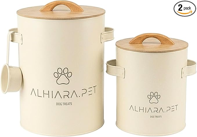 Modern Bamboo Dog Treat Container for Kitchen Countertop – Stylish Pet Food Storage with Scoop, 5–7 lbs Capacity, 2-Piece Set for Dry Food, Biscuits & Kibble