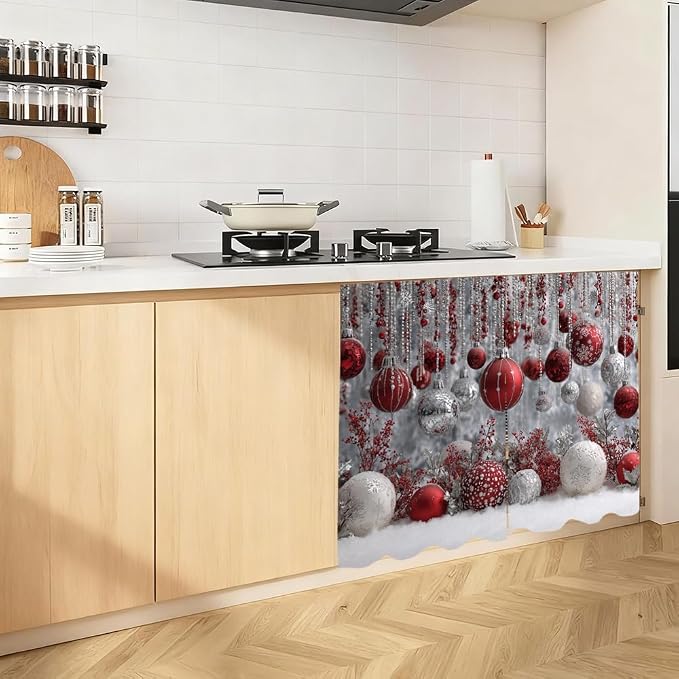 Self Adhesive Red & Silver Bauble Cabinet Curtain for Mother's Day, 39x28 Inch Sparkling Ornaments Under Sink Skirt No Drill, Spring Cleaning Kitchen Decor, Hook and Loop Valance