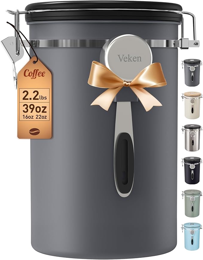 Veken Coffee Canister, 39OZ Large,Airtight Stainless Steel Food Storage Container for 2.2lbs Beans,Ground,Sugar,Espresso,Rice,Tea,Flour,Cereal,Cookie,Lids,Jars,Gifts,Scoop,Kitchen Bar Accessories,Gray