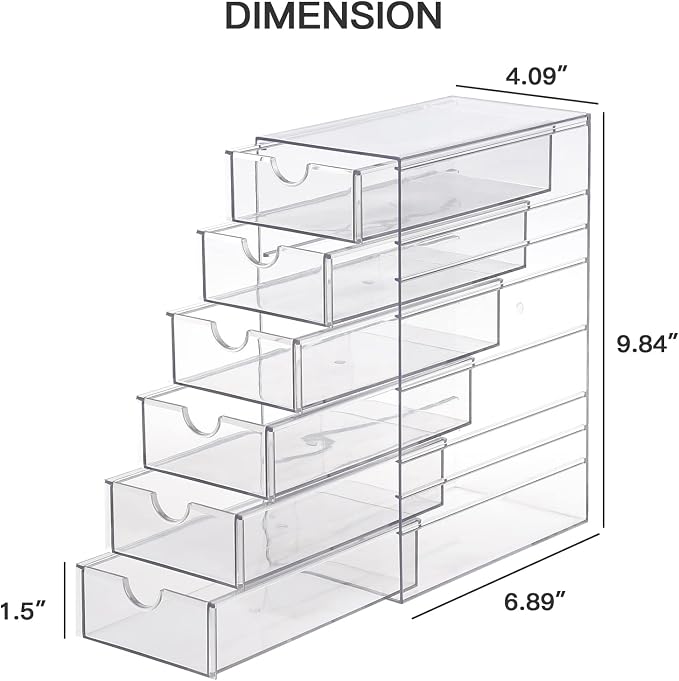 FABROK Clear Hair Accessory Organizer Box with 6 Drawers | Compact Storage Organization, For Cosmetics, Glasses, Stationery, Stackable Storage Containers, For Bathroom, Closet, Office