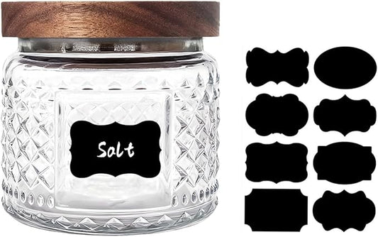 Glass Jar with Wood Lid and Label - 12 OZ Small Airtight Storage Container for Kitchen Pantry Bathroom Countertop, Decorative Vintage Canister for Candy, Treat, Sugar, Coffee, Tea, Salt, Snack, Nuts