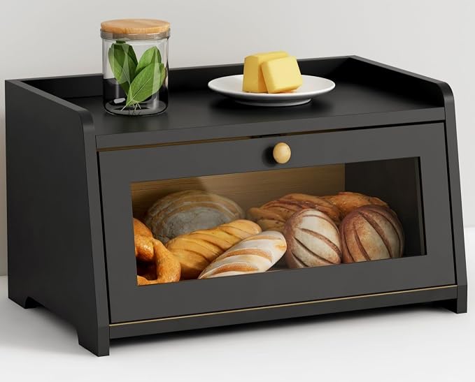 Goozii Black Bread Box for Kitchen Countertop, Small Vintage Counter Top Breadbox, Homemade Bread Storage Container for Sourdough Loaf, Farmhouse Wooden Corner Kitchen Counter Organizer for Cabinet