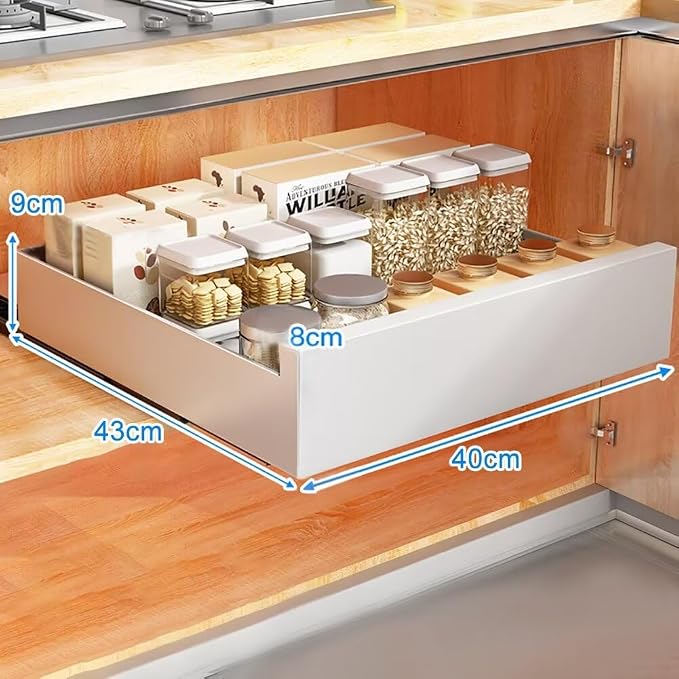 Pull Out Cabinet Adhesive Pull Out Teles Kitchen Drawer 25kg Load Capacity Slide Out Drawer for Kitchen Cupboard Storage,40CM-White