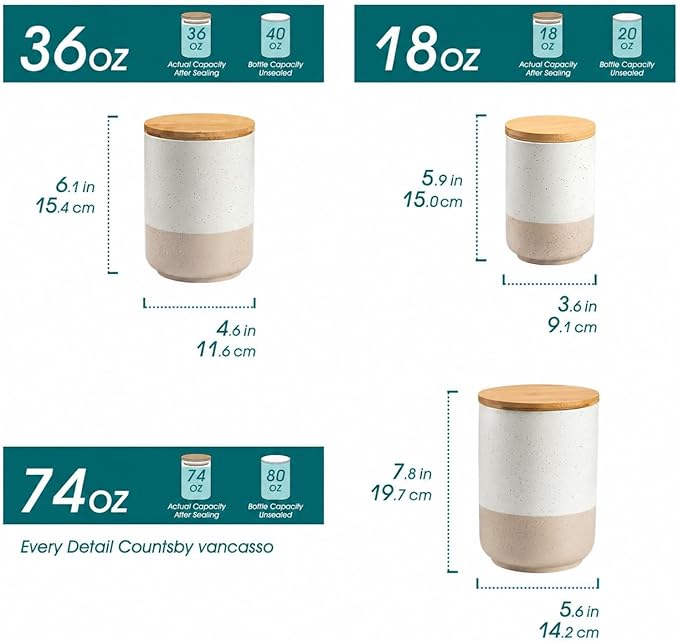 vancasso Sabine Ceramic Canister Set with Airtight Wood Lids - 3-Piece Kitchen Storage for Flour, Sugar, Coffee, Tea & Spices - Modern Countertop Decor