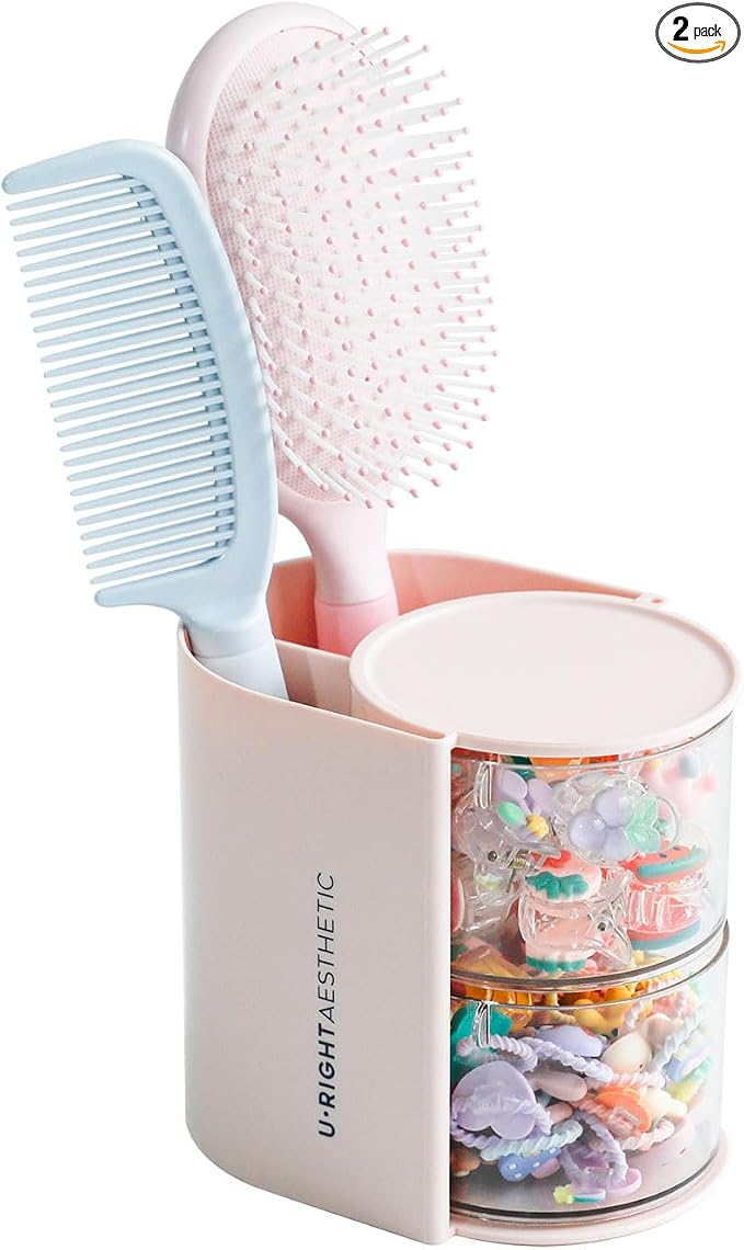 FABROK 2-Layer Clear Hair Accessories Organizer with Hair Brushes Holder, Rotatable Small Jewelry Box for Necklaces、Earring, Desktop Organizer Case for Hair Accessories, Cotton Swab(Pink)