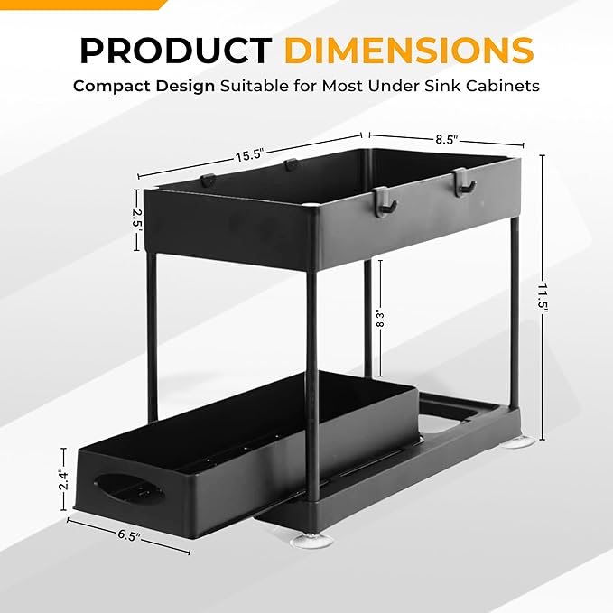 TEVASO Under Sink Organizers and Storage | Space-Saving Cleaning Supplies | 2 Tier Sliding Under Shelf Organizer for Kitchen and Bathroom - Black - 1 Pack