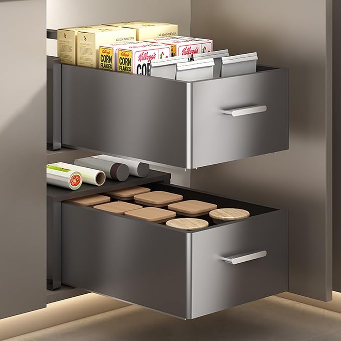 No Drill Pull Out Cabinet Organizer, 4 Pack Slide Out Drawer with Nano Film Fixed, Heavy Duty Sliding Pantry Storage Drawer (Gray 40x41x17.2cm)