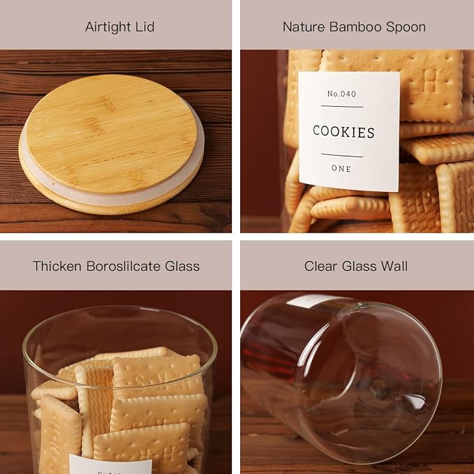 CZZGSM Set of 2 Large Glass Flour and Sugar Containers - 100 Fl oz Thicken Glass Storage Jars with Airtight Bamboo Lid and 132 Kitchen Pantry Labels - Big Clear Rice Containers Farmhouse