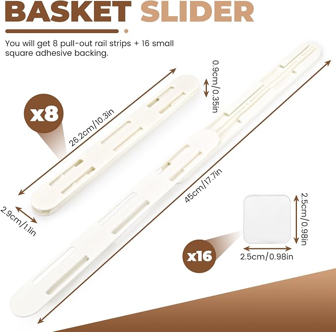 LELE LIFE Adhesive Pull Out Cabinet Drawer Sliders, Drawer Bin Organizer Sliding Rails Guides, No Drill DIY Basket Slides Bottom Mount for Shelf (8 Pack)