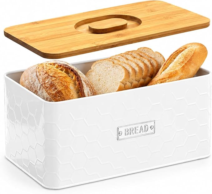 vensovo Bread Box for Countertop – Large White Metal Bread Bin with Bamboo Cutting Board Lid, Farmhouse Bread Storage Container for Homemade Bread, Baked Goods & Kitchen Counter Organization