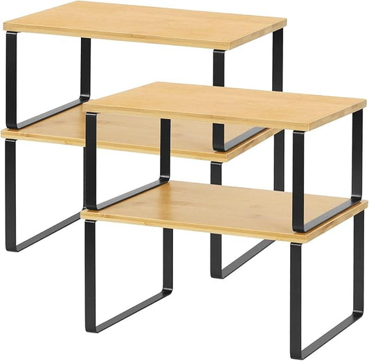 NEX Cabinet Organizer Shelf Set of 4, Stackable Kitchen Counter Shelves, Expandable Spice Rack Pantry Organizers, Bathroom Cupboard Storage Desk Riser, Bamboo and Metal, Black