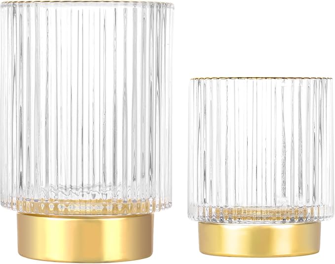 DASITON Makeup Brush holder Organizer,Crystal Cosmetic Makeup Brush Glass Brushes Storage Holder, Vintage Make Up Brush Cup Pen Pencil Holder striped vase(Clear S+L)