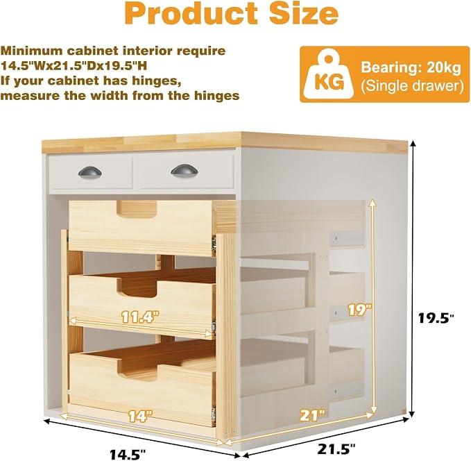 Pull Out Cabinet Organizer, 14''W×21''D Sliding Drawers for Cabinets, 3 Tier Soft Close Slide Out Wooden Pull out Drawers, Base Cabinet Organization for Kitchen, Pantry, Bathroom.