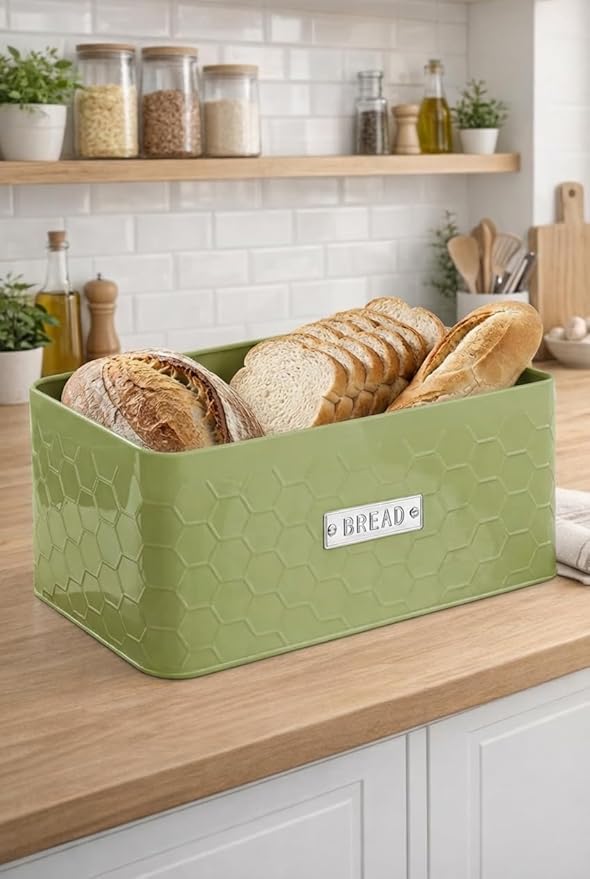 vensovo Bread Box for Countertop – Large Green Metal Bread Bin with Bamboo Cutting Board Lid, Farmhouse Bread Storage Container for Homemade Bread, Baked Goods & Kitchen Counter Organization