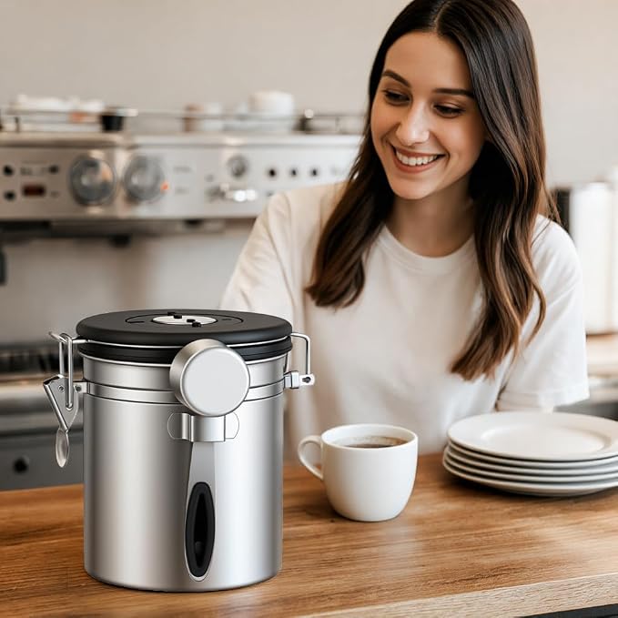 ShanSon Coffee Canister Airtight, Stainless Steel Bean Storage Container with Date Tracker & Scoop, Grounds Sugar Flour Tea Cereal Fits Kitchen Pantry, Ideal Gift for Coffee Lovers,22oz,Silver