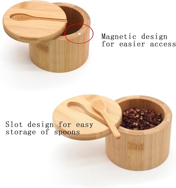 Bamboo Salt Cellar Set of 4 with Magnetic Swivel Lid & Spoon, Salt and Pepper Storage Container, Kitchen Countertop Organizer for Spices, Herbs