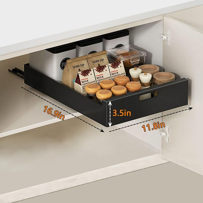 Pull Out Drawers for Cabinets 16.9"Deep, Slide Out Drawers for Kitchen Cabinets Adhesive Pull Out Cabinet Organizer, Cabinet Pull Out Shelves for Kitchen Bathroom and Pantry(Black,11.8"W)