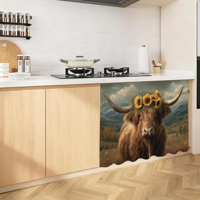 Self Adhesive Highland Cow Sunflower Cabinet Curtain for Mother's Day, 39x28 Inch Rustic Farmhouse Under Sink Skirt No Drill, Spring Cleaning Kitchen Decor, Hook and Loop Valance