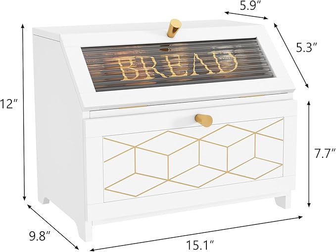 HOLTICO Double Layer Bread Box With Golden Trim for Countertop, Wooden Bread Container for Kitchen Counter, Corner Bread Storage (White)