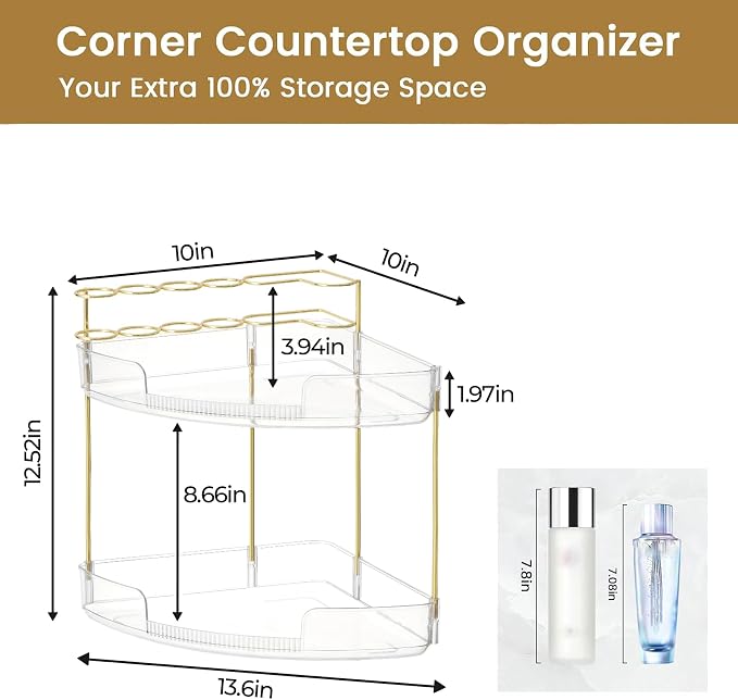 FELIZHOUSE 2-Tier Makeup Organizer for Vanity & Bathroom Countertop – Acrylic Storage Shelf with Perfume Tray & Makeup Brush Holder, Tool-Free Installation, Design for Bathroom & Dresser - Clear