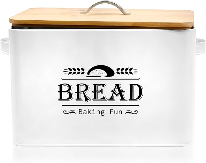 Jolitac Farmhouse Style Bread Box for Kitchen Countertop - Space-Saving Bread Storage Container with Wood Lid | Rustic Vintage Organizer for Small Kitchens & Countertop Gift (12.2”L x7.5”W x8”H)