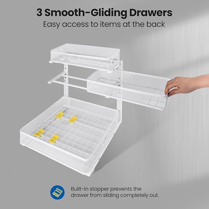 Under Sink Organizer, 3-Tier Pull Out Cabinet Organizer with Drawer Stops, Height Adjustable Slide Out Storage Rack for Kitchen Bathroom Pantry Laundry Room Organization, 2 Pack