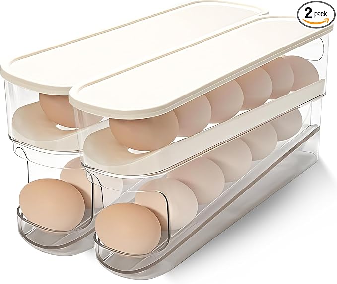 Rolling Egg Holder for Fridge, Egg Dispenser for Refrigerator, Automatic Rolling Storage Container for Countertop, Kitchen & Outdoor Use (3.35"x3.74"x11.02") 2 Pack