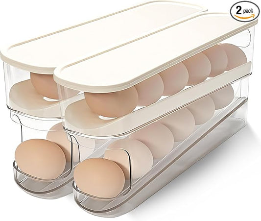 Rolling Egg Holder for Fridge, Egg Dispenser for Refrigerator, Automatic Rolling Storage Container for Countertop, Kitchen & Outdoor Use (3.35"x3.74"x11.02") 2 Pack