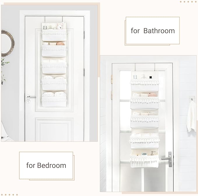 Dahey Over The Door Organizer Boho Nursery Storage Decor Closet Hanging Organizer with Tassels Decoration for Bedroom Nursery Bathroom Apartments Dorm Pantry, 5 Pockets, White