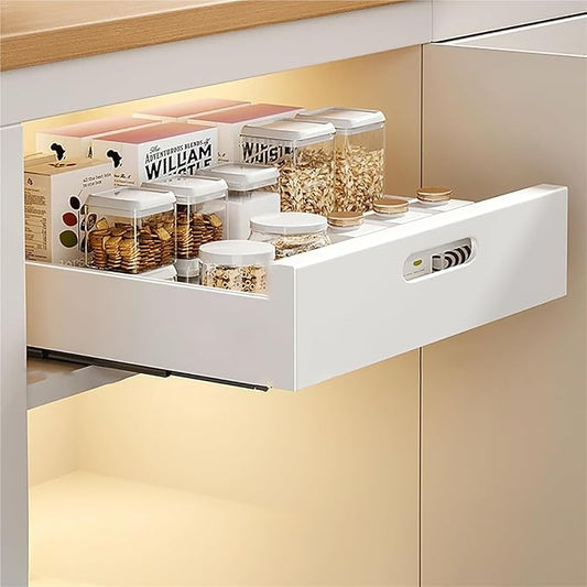 Extendable Pull Out Cabinet No Drill Sliding Drawer Space Saving Storage Solution for Kitchen Bathroom & Pantry，White 35 * 43 * 7cm