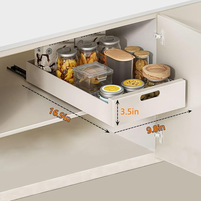 Pull Out Drawers for Cabinets 16.9"Deep, Slide Out Drawers for Kitchen Cabinets Adhesive Pull Out Cabinet Organizer, Cabinet Pull Out Shelves for Kitchen Bathroom and Pantry(White,9.8"W)