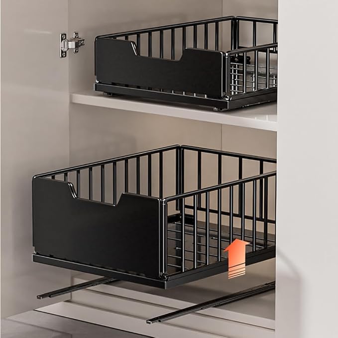 Pull Out Cabinet Organizer, Metal Slide Out Drawers for Kitchen Cabinets, Pantry Pull Out Shelves, Adjustable Drawers for Cupboard with Adhesive Film for Bathroom Black