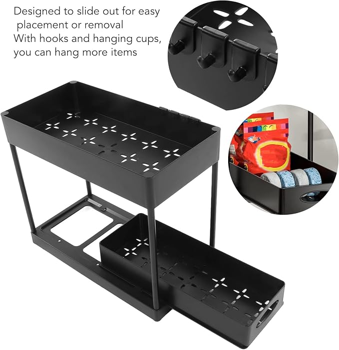 Slide Out Storage Basket Organizer Space Saving for Kitchen Bathroom (Black)