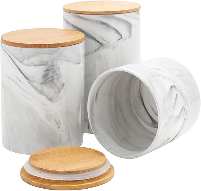 Farmlyn Creek Ceramic Jar Set - Airtight Wood Lids for Kitchen Countertop Jars - White Marble Ceramic Food Storage Containers with Lids - Coffee & Sugar Container Set - 5.9", 4.9", 3.9"