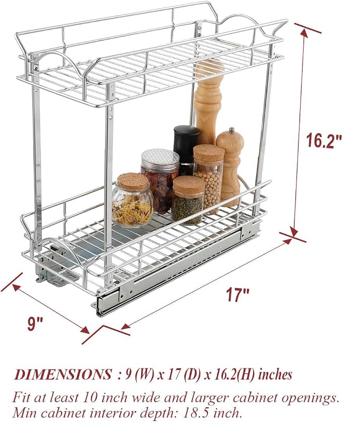 OCG Slide Out Cabinet Organizer for Narrow Cabinet (9" W X 17" D), 2 Tier Pull Out Shelves Slim Sliding Cabinet Organizer and Storage, Chrome