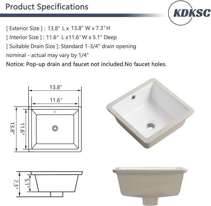 14 Inch Small Undermount Bathroom Sink White Ceramic Square Under Counter Bathroom Sink for Cabinet Porcelain Vanity Sinks,Overflow Type (13.8"x13.8")