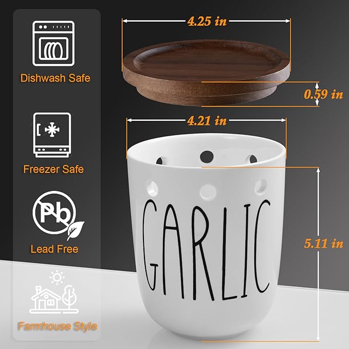 DAYYET Large Garlic Keeper for Counter, Ceramic Garlic Keeper with Acacia Wood Lid, Garlic Holder Storage Container, Garlic Saver for Kitchen, Farmhouse Kitchen Decor and Accesorries, White
