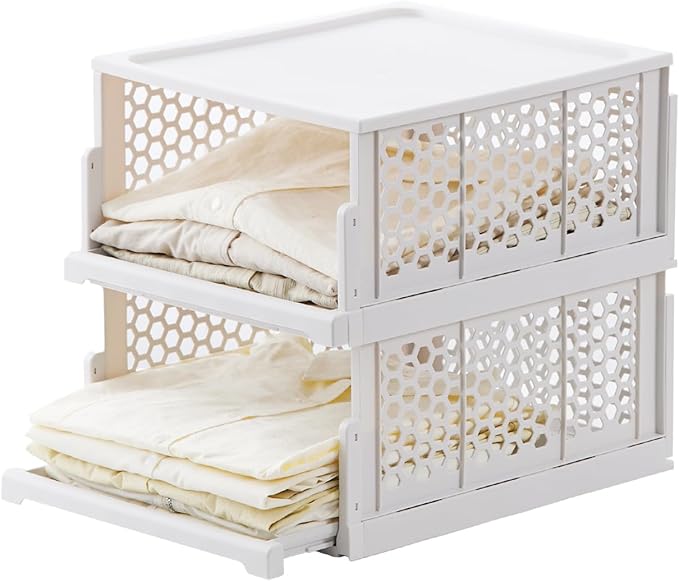 Pull-out Plastic Storage Basket with a Lid,Stackable Closet Organizers Drawer Anti-Tipping,Stable Shelf Container for Bathroom Laundry Room Storage, Space-Saving Clothes Storage ,White Gray,2 pack