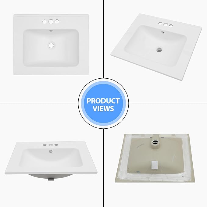 Lordear White Bathroom Sink 3 Holes Drop In 24 X 20 Inch Three Holes Porcelain Ceramic Bathroom Vanity Top Sink Basin 24"
