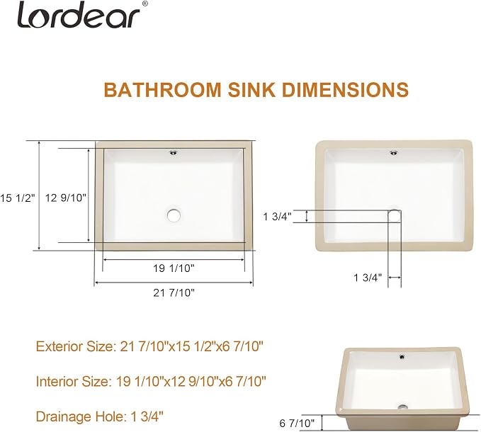 Lordear Undermount Bathroom Sink 22x16 Inch White Porcelain Ceramic Rectangular Bathroom Vanity Sinks Under Counter Sink Basin with Overflow