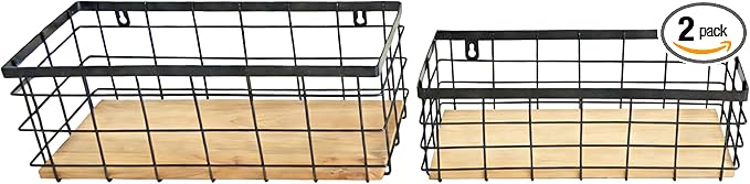 ShabbyDecor Metal Wire Basket Detachable Wood Base Storage Organizer Farmhouse Hanging Basket for Kitchen Cabinets, Bathroom, Pantry, Laundry Room Set of 2,Black Color